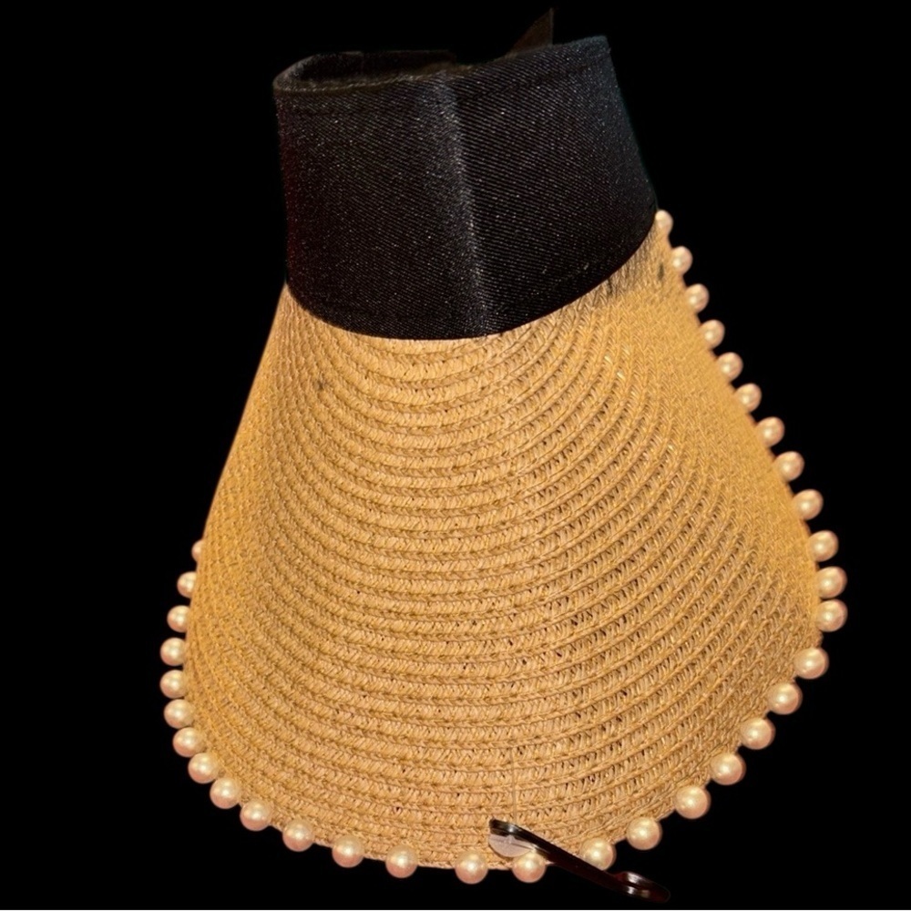Nordstrom Tan and Black Wide-Brimmed Hat with Pom-Pom Trim